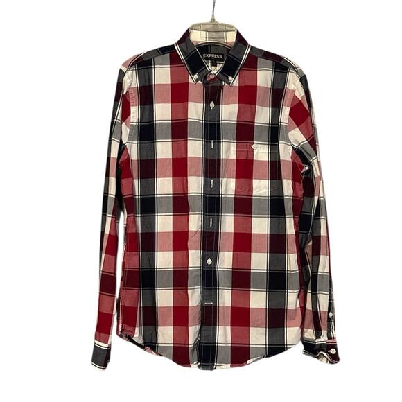 Men’s Express Button Down Dress Shirt Long Sleeved Size Medium Red White Blue - Picture 1 of 5